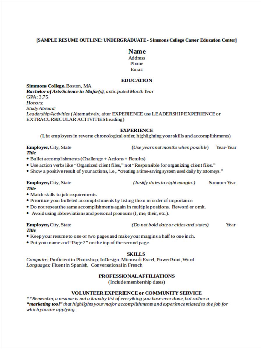 college resume sample outline