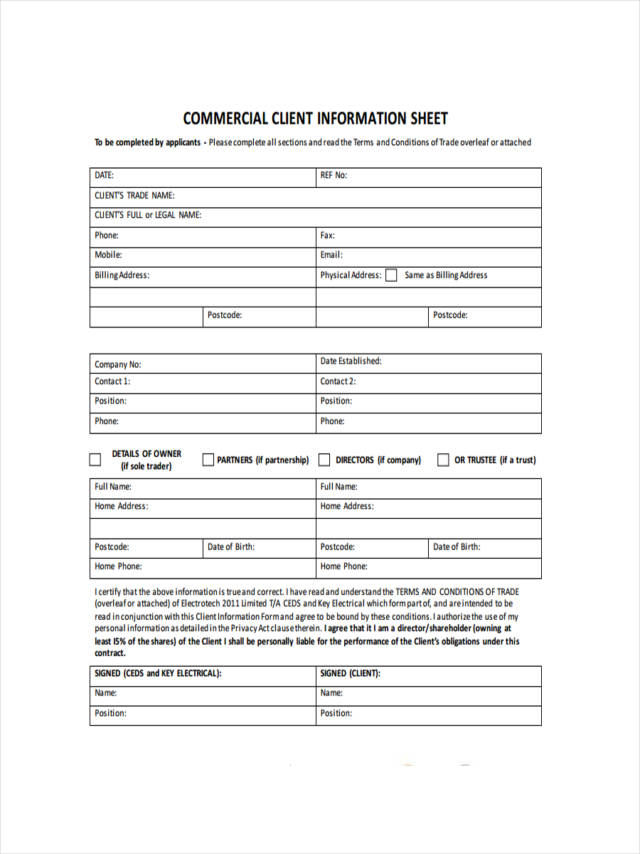 commercial client information sheet