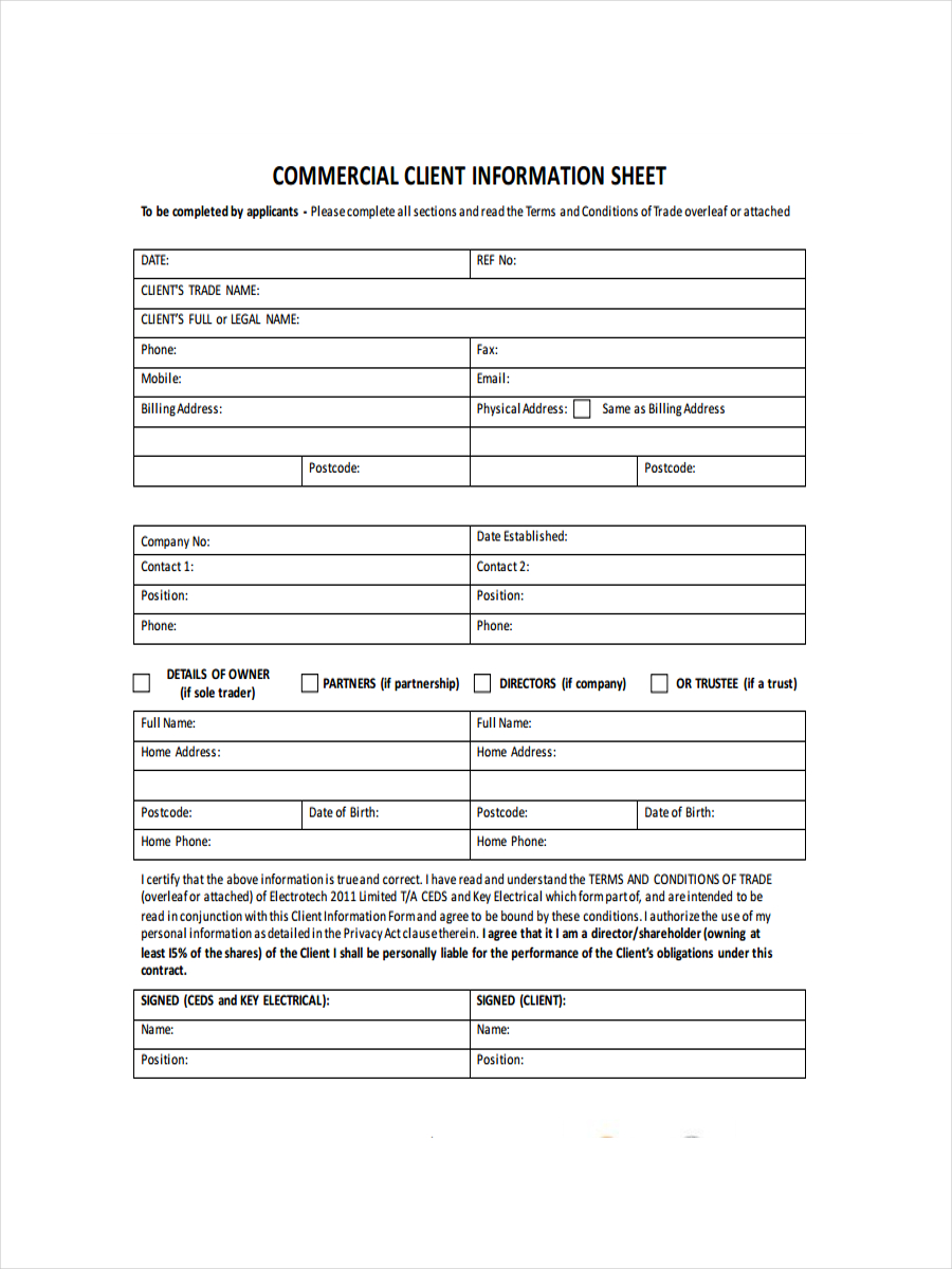 Commercial Client Information Sheet