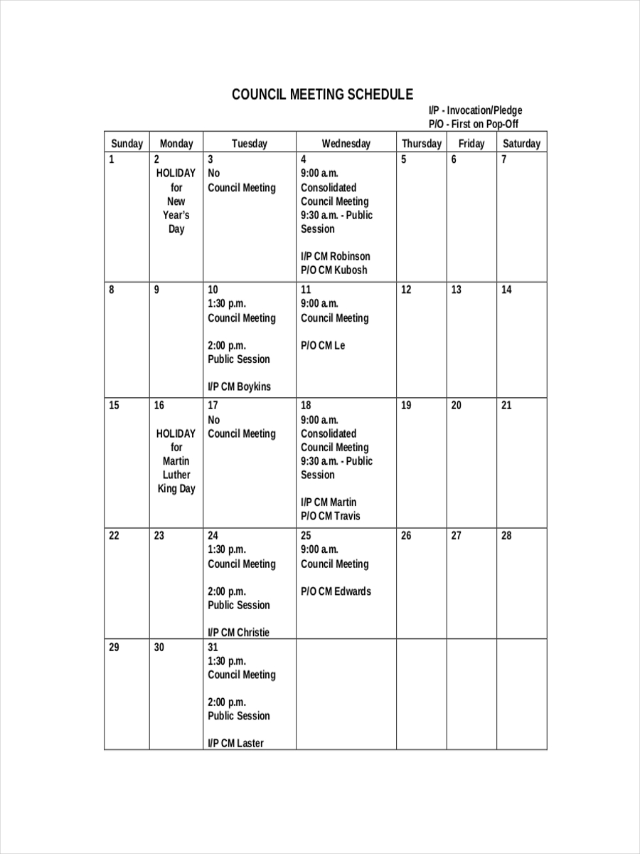 Council Meeting Schedule Sample