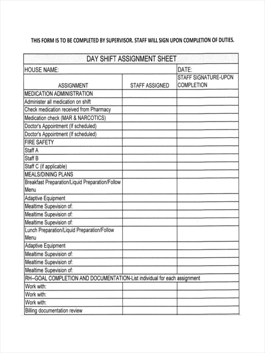 Day Shift Assignment Sheet Example