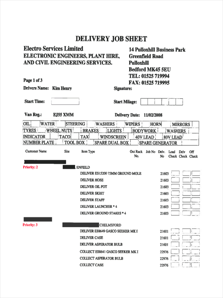 delivery job sheet