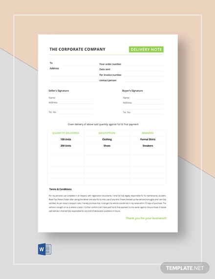 Delivery Note Example Template