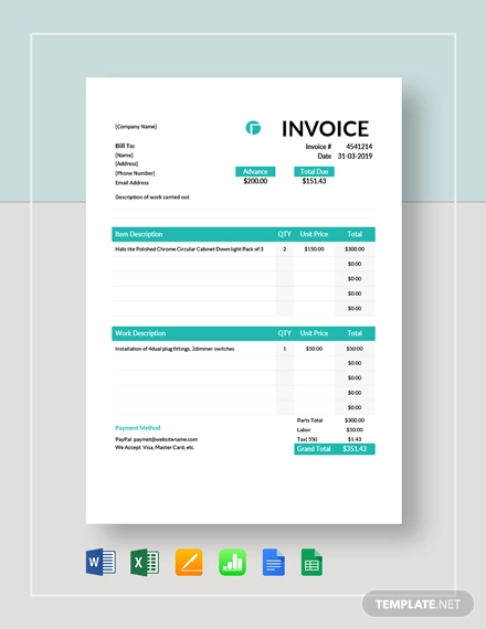 Electrical Contractor Invoice Template