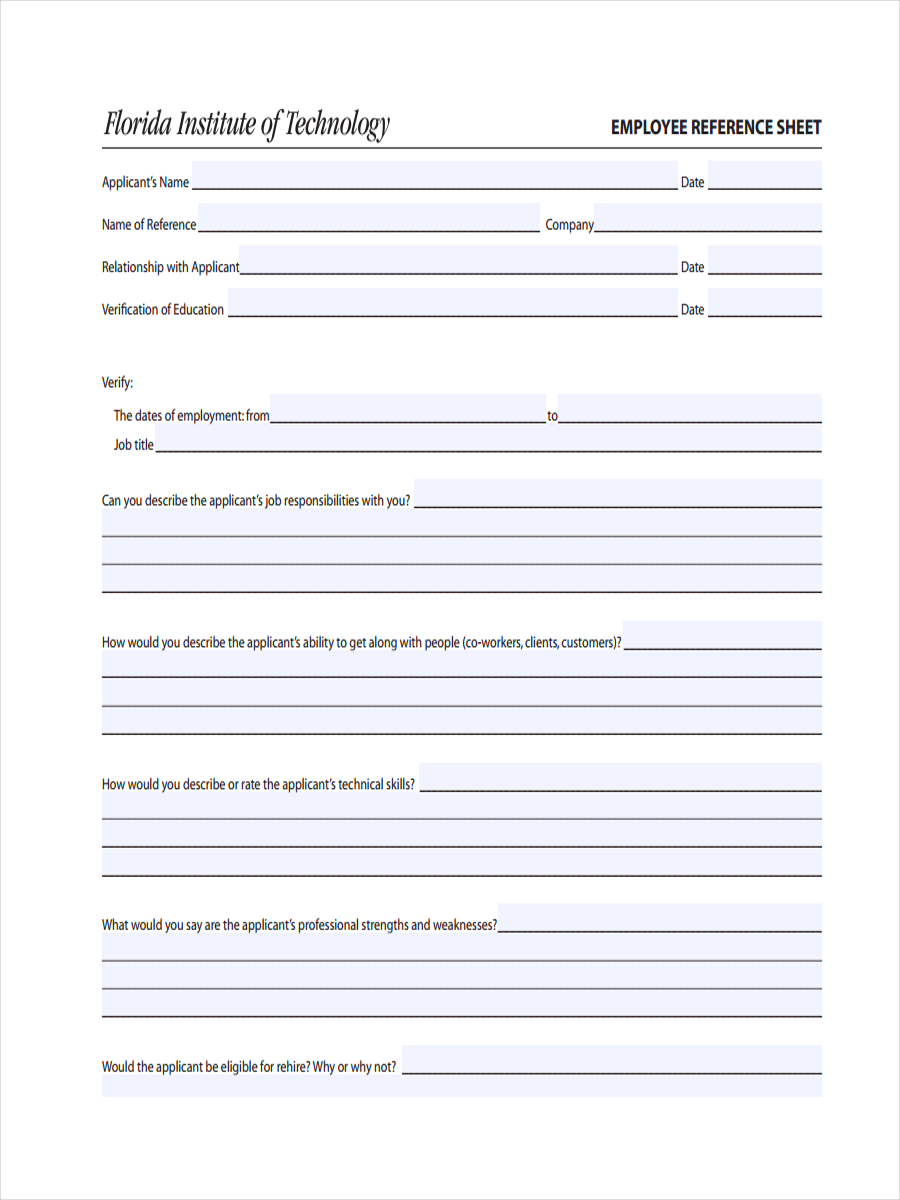 employee reference sample sheet