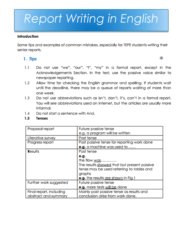 English report writing example