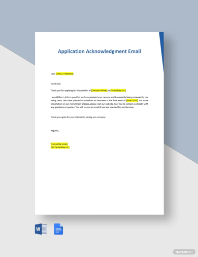 Free Application Acknowledgment Email Template