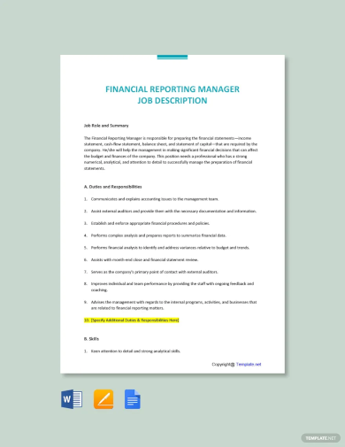 free financial reporting manager job description template