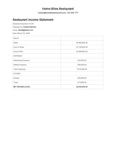 Free Restaurant Income Statement Quarterly Template