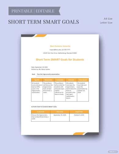 free short term smart goals template for students