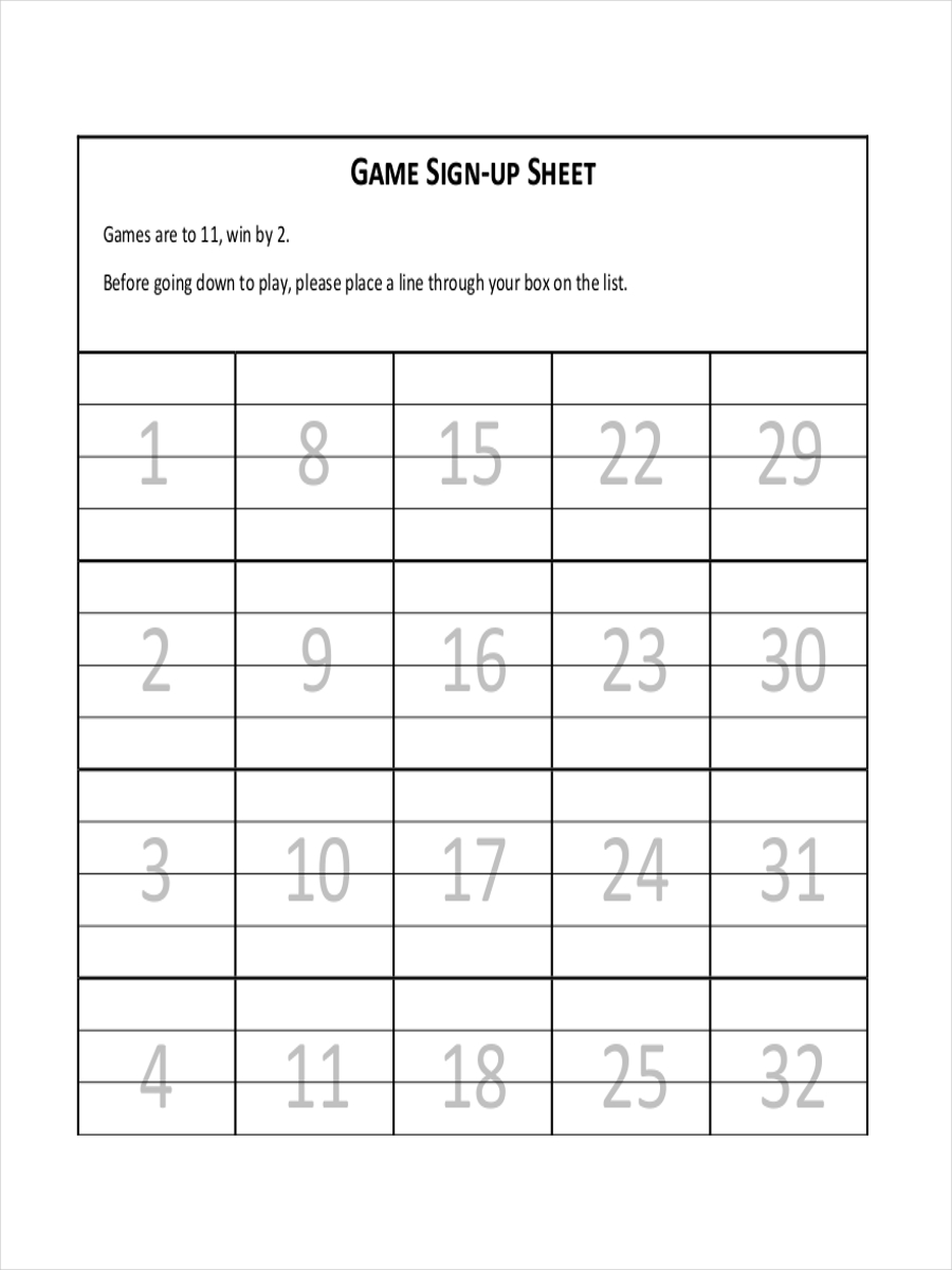 Game Sign Up Sheet Example
