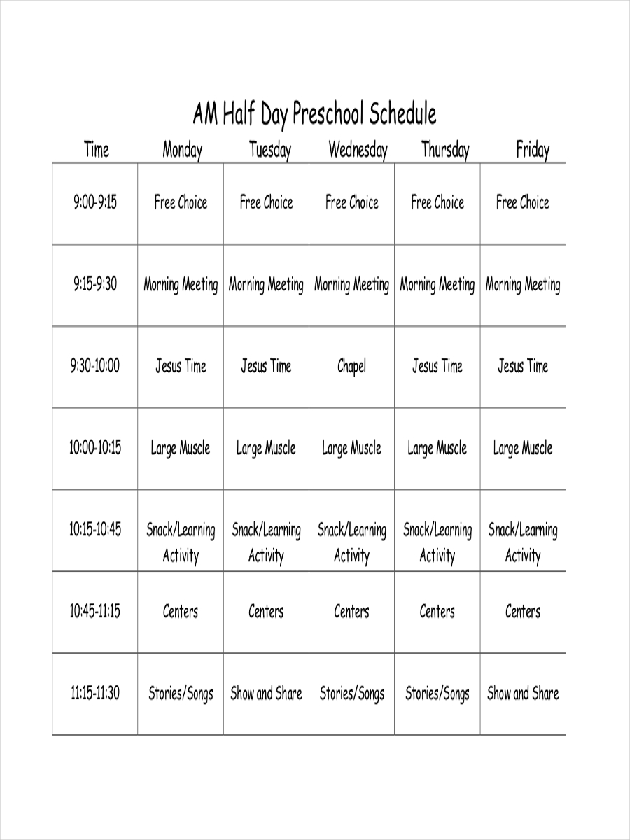 half day preschool schedule example