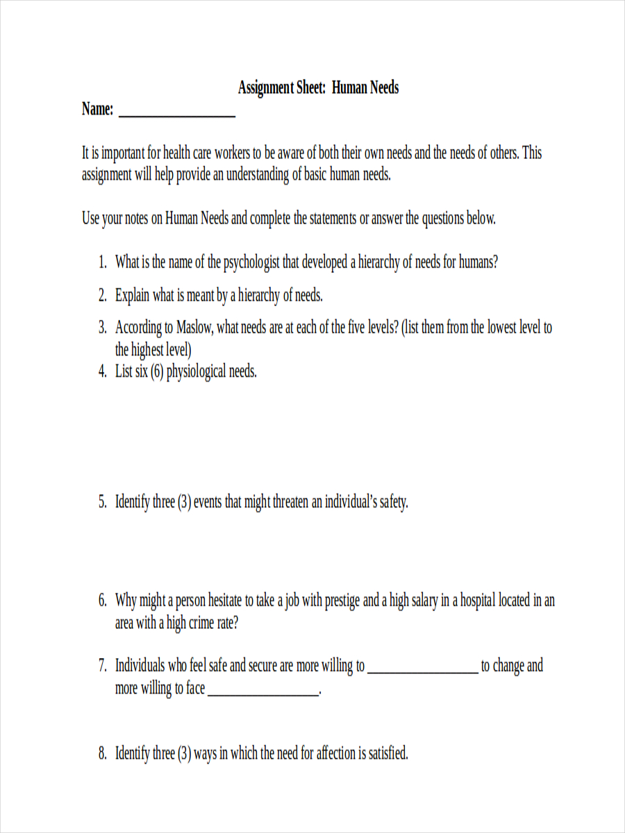 assignment sheet human needs