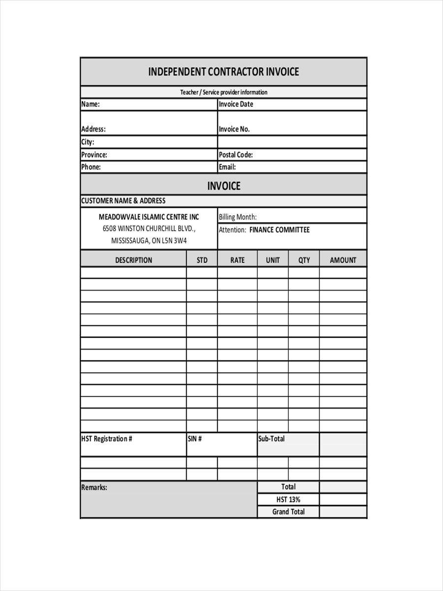 sample invoices for independent contractors