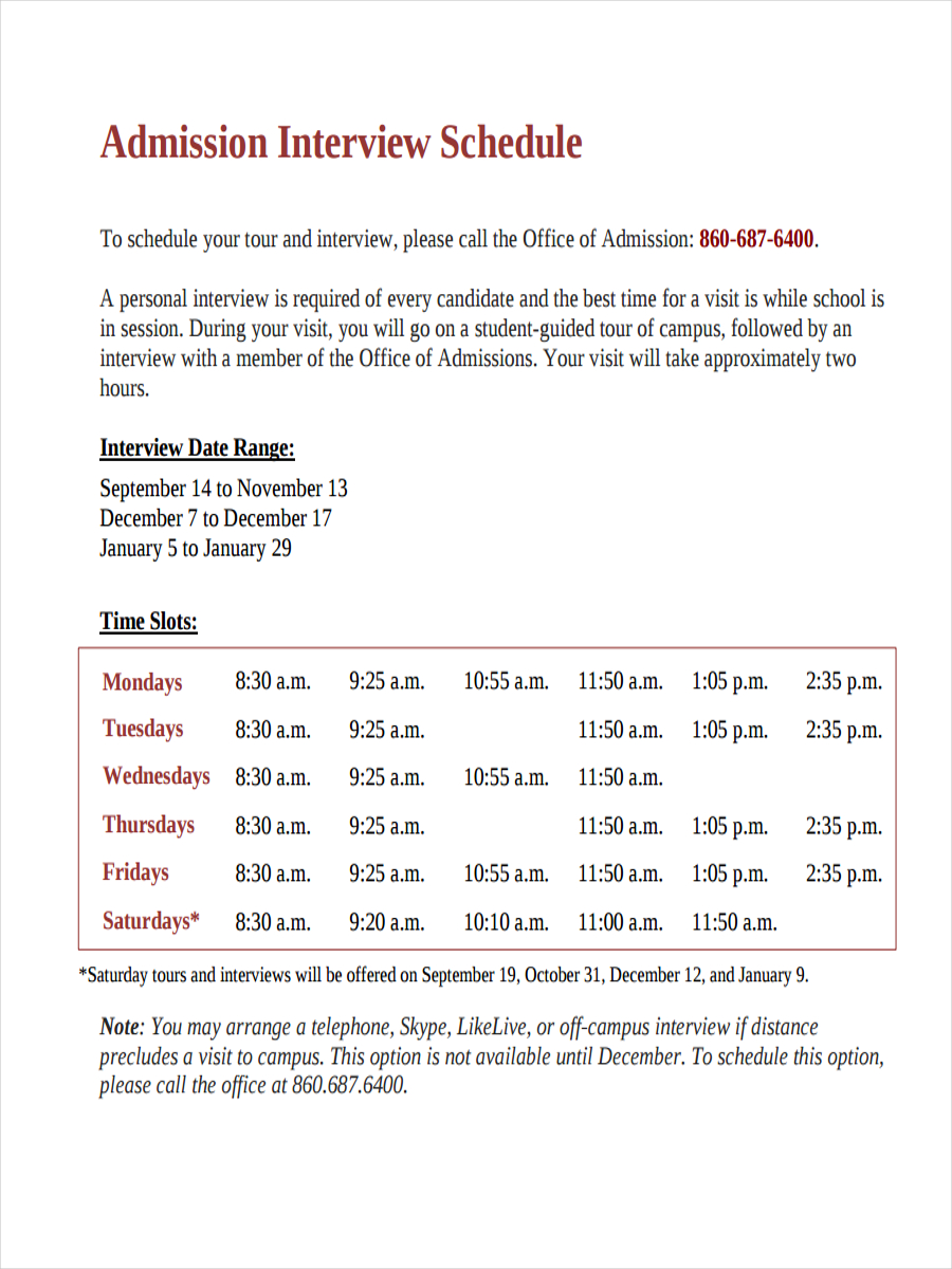 Interview Schedule for Admission