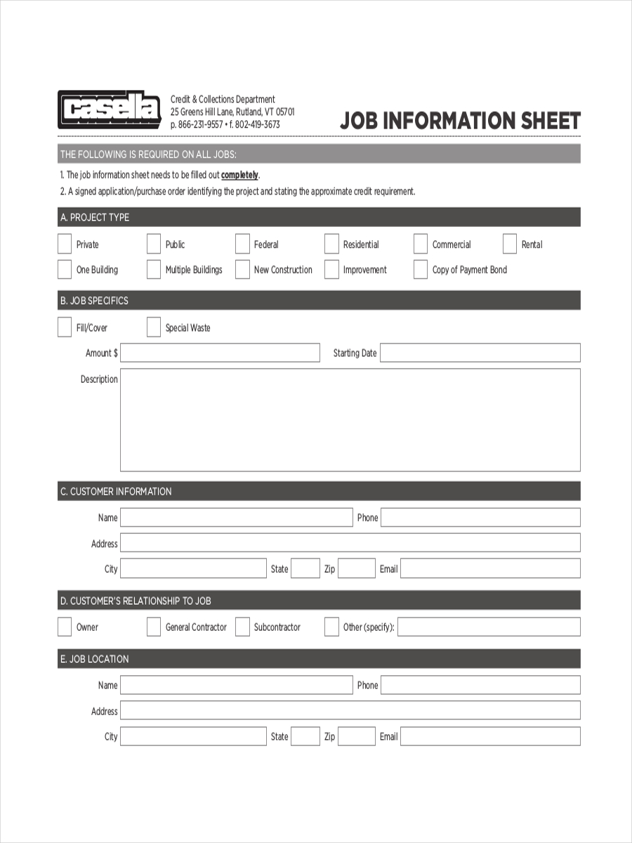 job information sheet