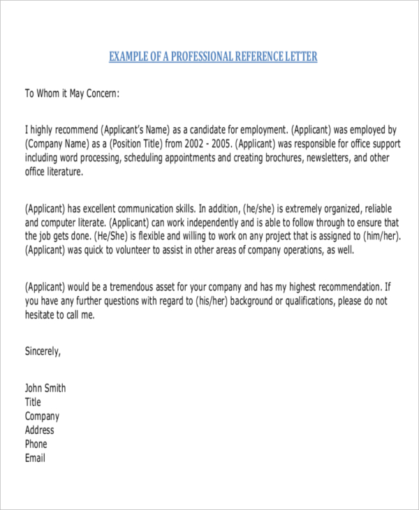 Personal Reference Letter Template For Job