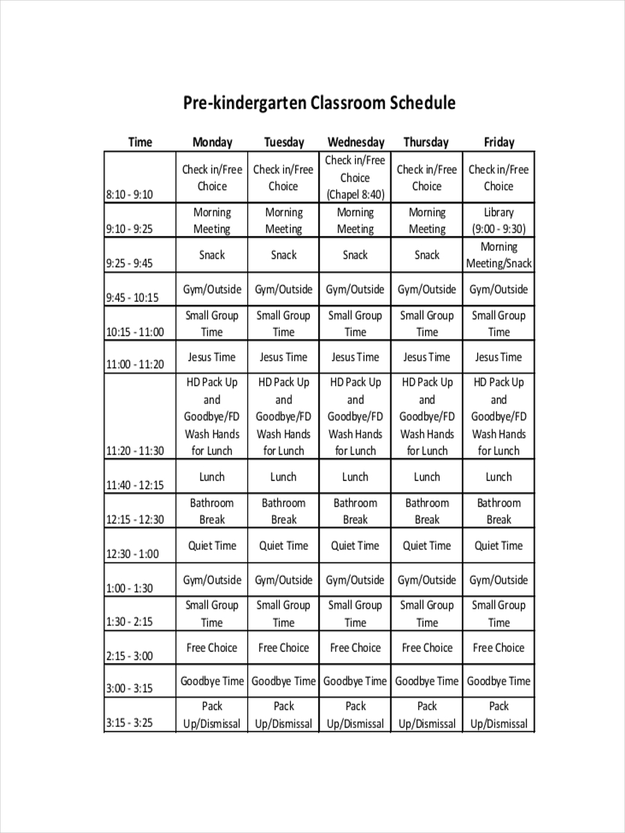 Kindergarten Classroom Schedule