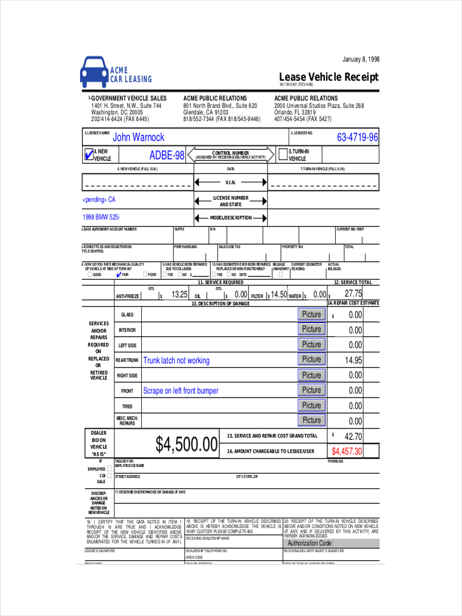Lease Receipt for Vehicle