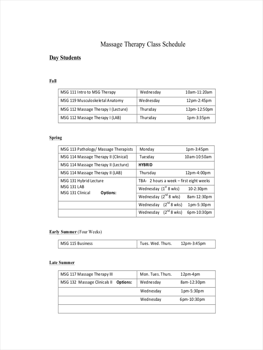 Massage Therapy Class Schedule Example