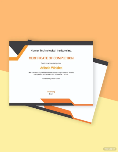 mechanic course completion certificate template
