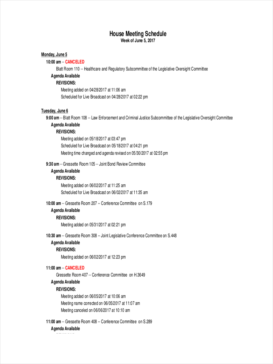 Meeting Schedule for House