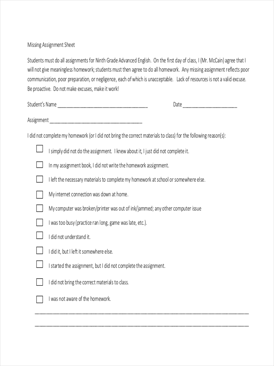 Missing Homework Assignment Template