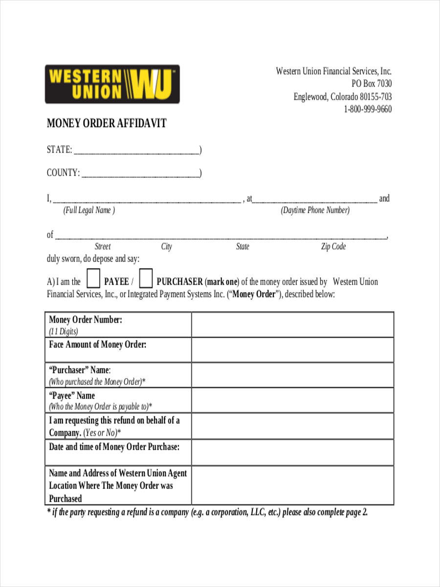 blank western union money order receipt