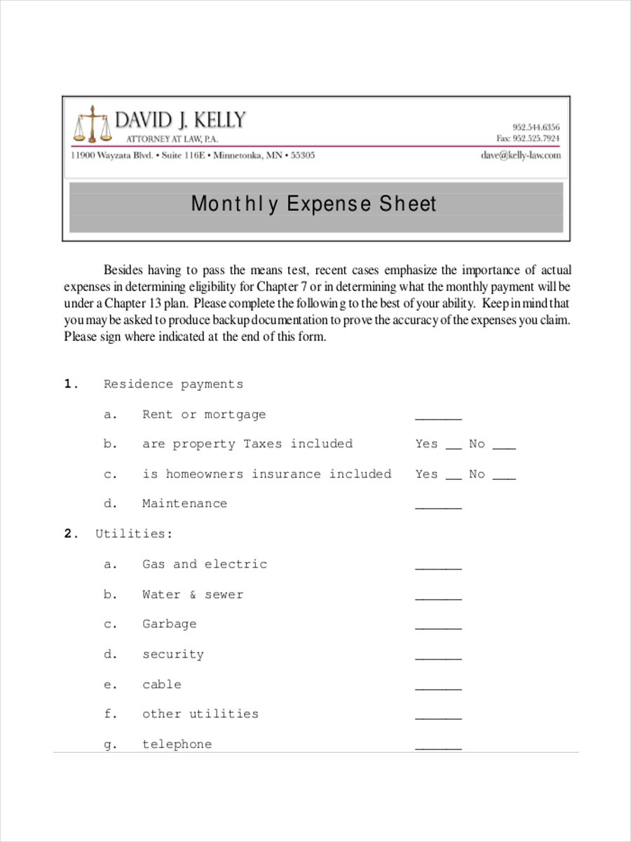 monthly expense sheet