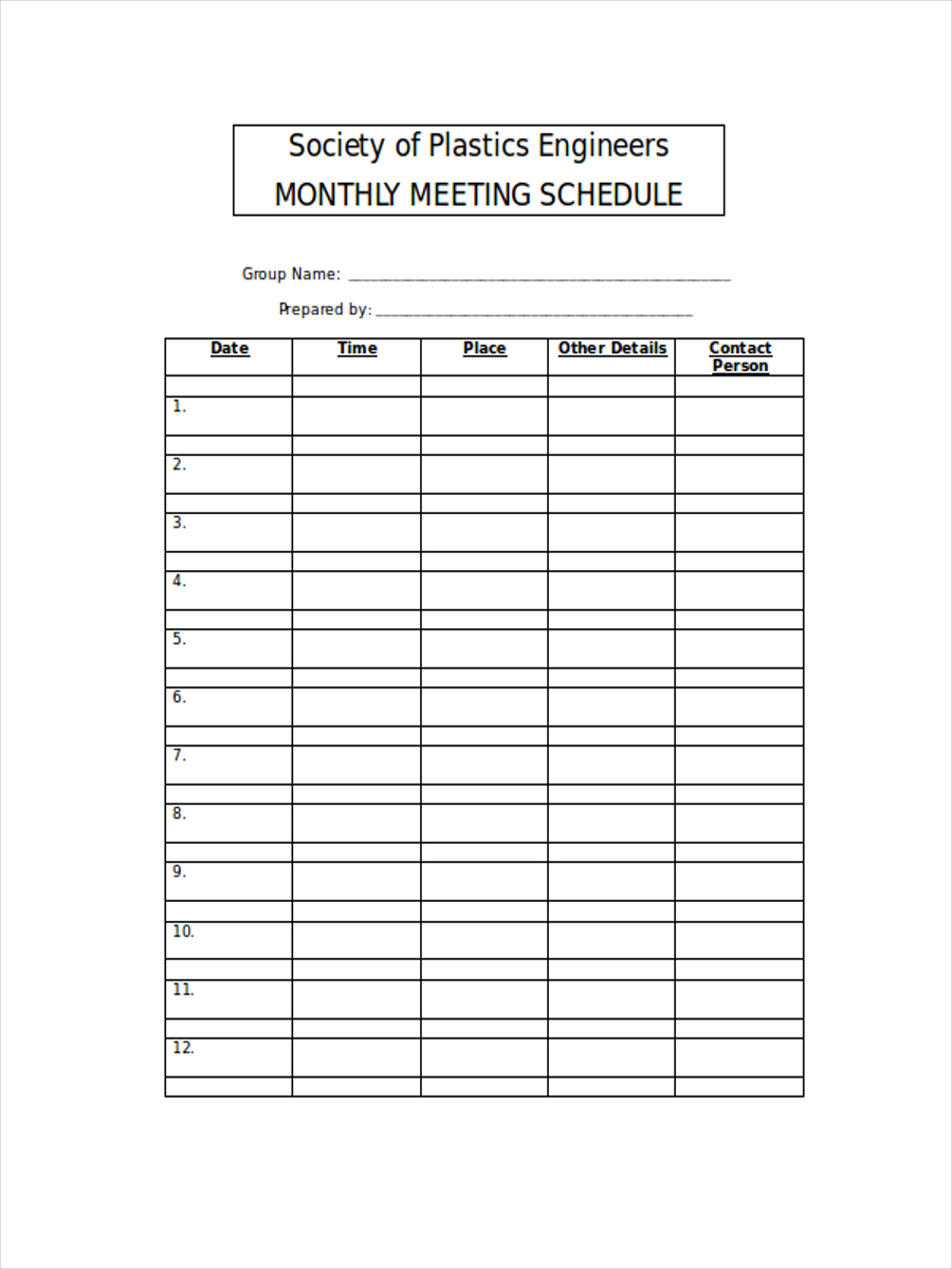 Monthly Meeting Schedule Template Hq Printable Documents