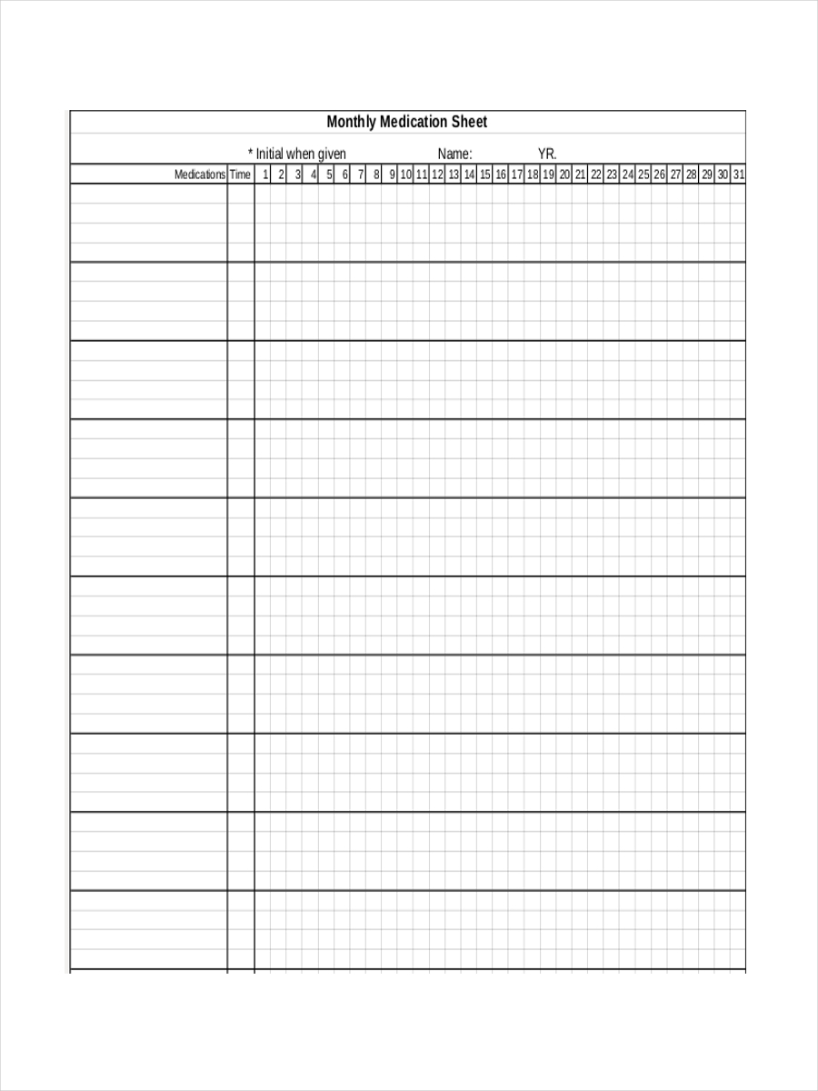 Monthly Sheet for Medication