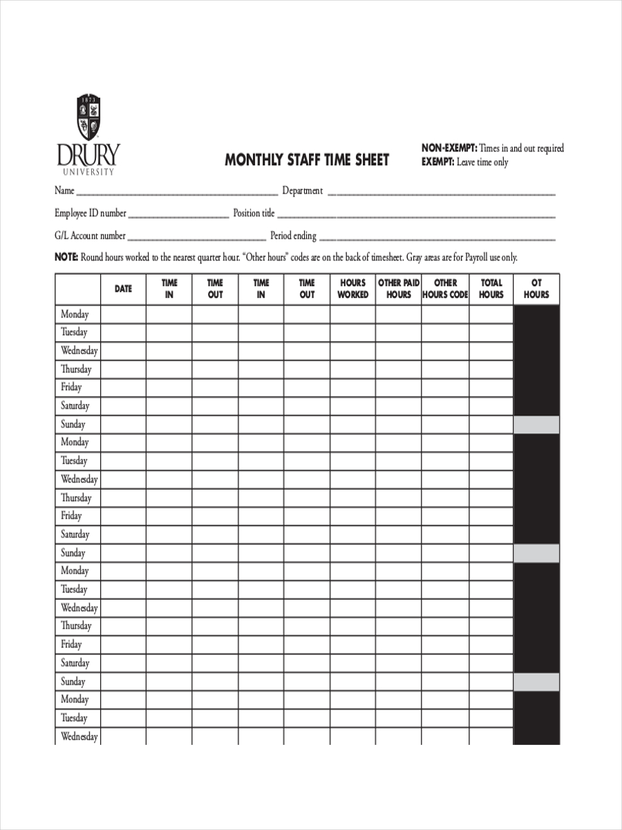 monthly time sample sheet