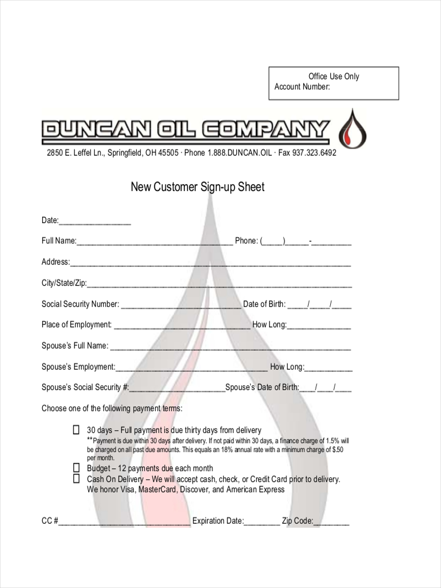 New Customer Sign Up Sheet