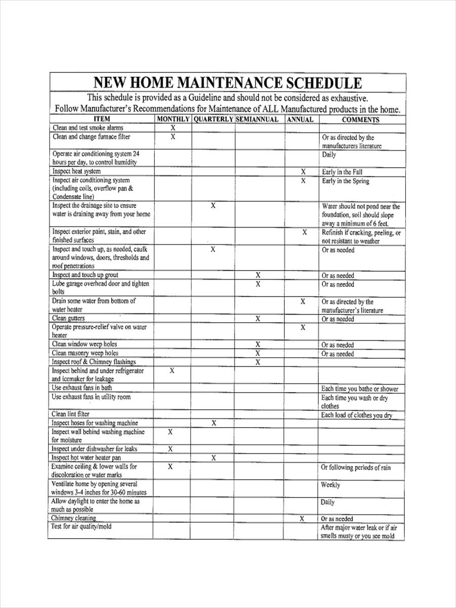 New Home Preventive Maintenance Schedule