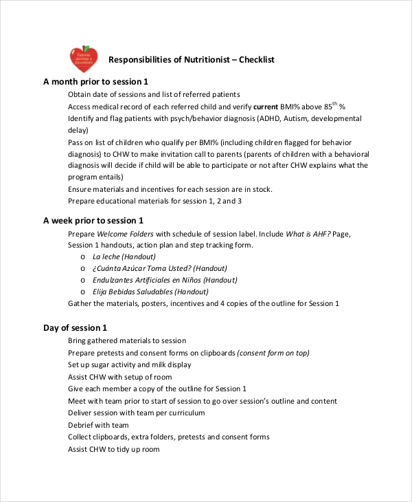 nutritionist checklist