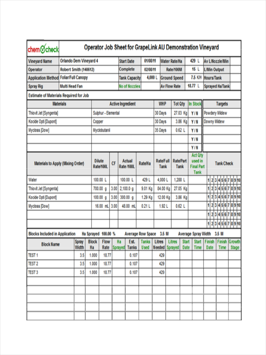 Operator Job Sheet Example