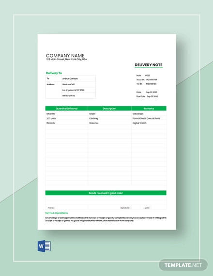 Order Delivery Note Template