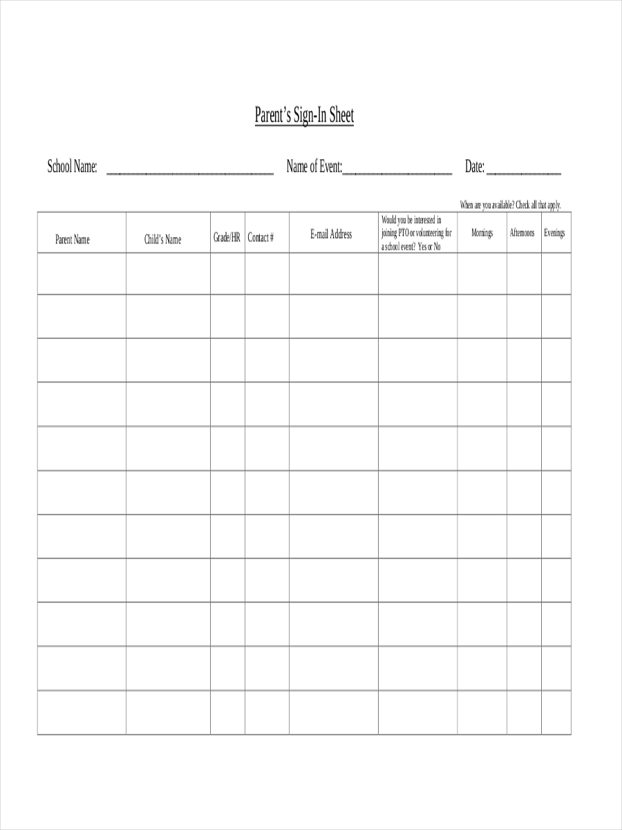 Free Parent Sign In Sheet For Back To School Night Printable