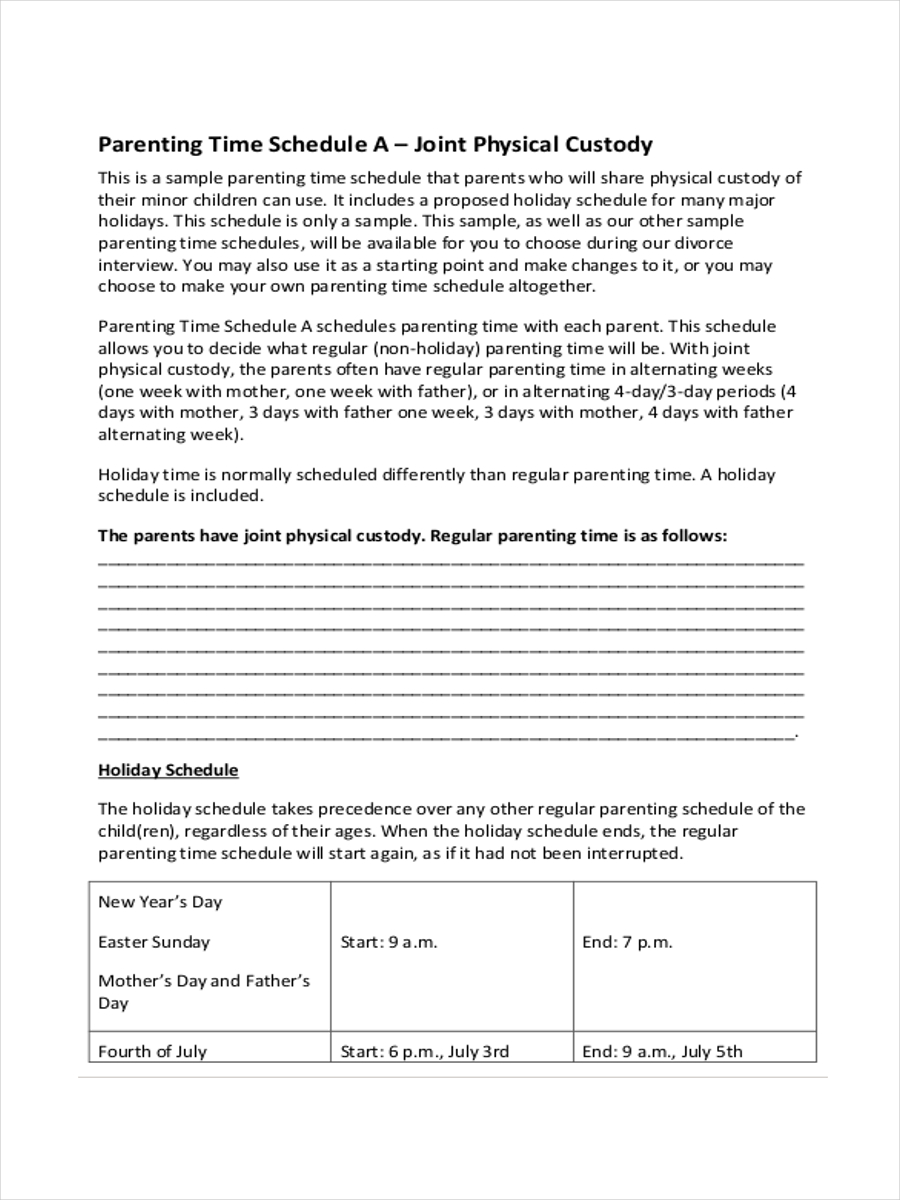 Parenting Schedule 5 Examples Format Pdf