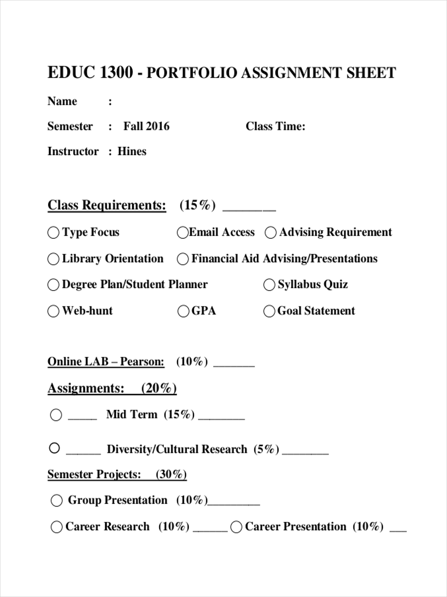 portfolio assignment sample sheet