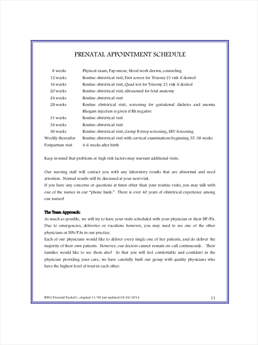 Prenatal Appointment Schedule