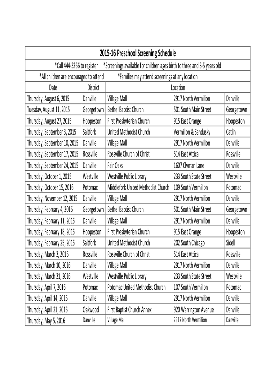 Preschool Schedule Examples 9 Samples In Google Docs Word Page 
