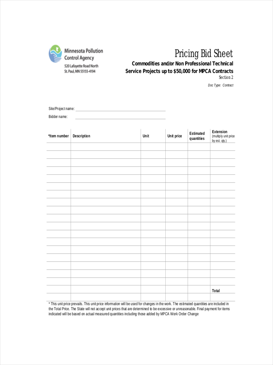 pricing bid sample sheet