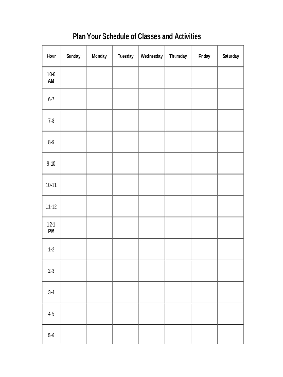 College Schedule Template Free