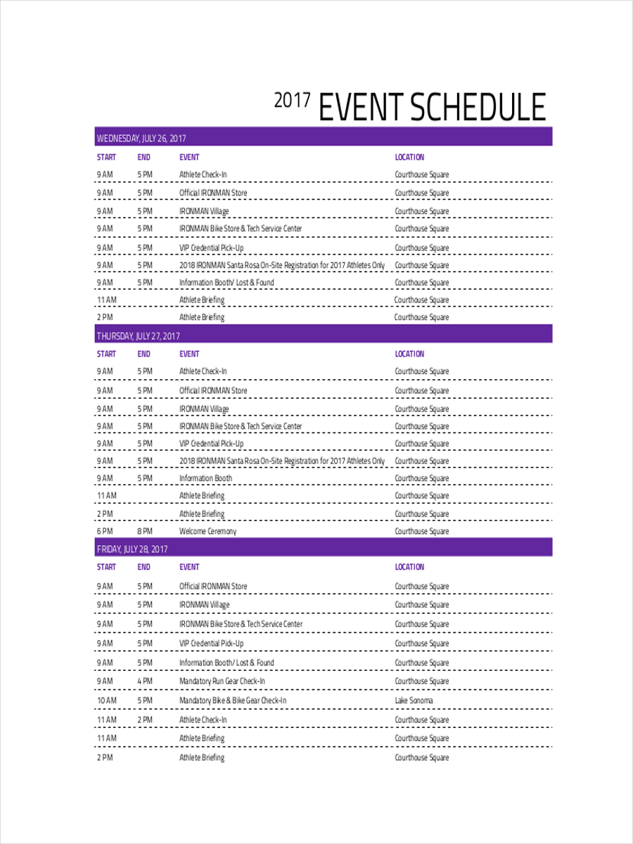 Printable Schedule for Event