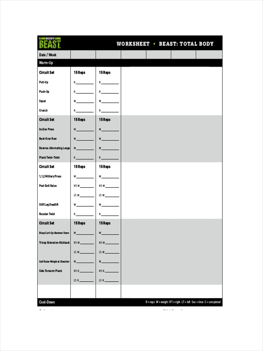 printable sheet for workout