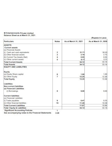 private limited company balance sheet