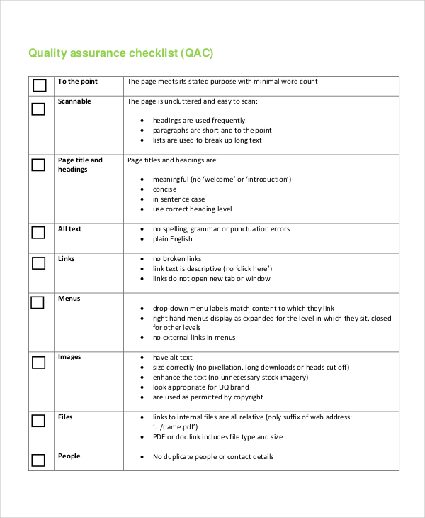 Quality Assurance Checklist