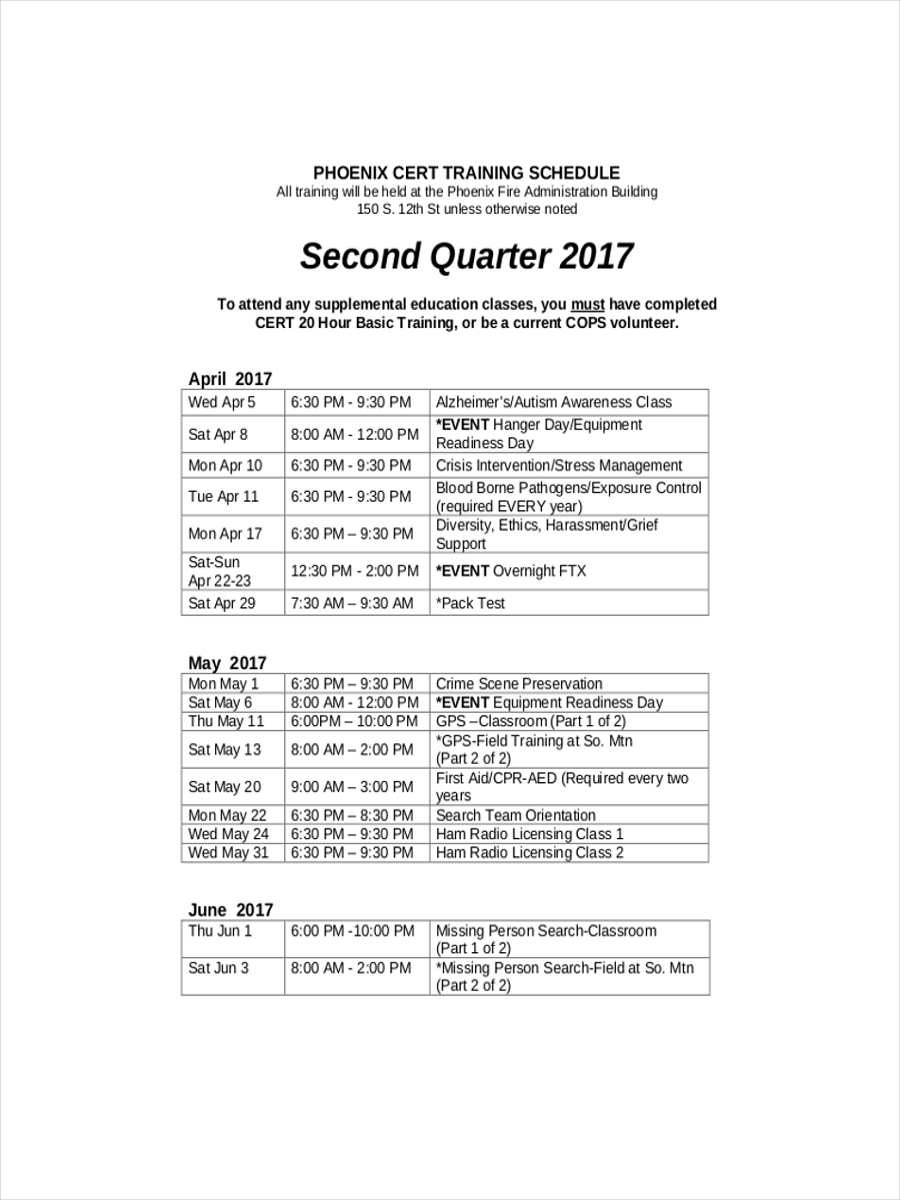 quarterly training schedule