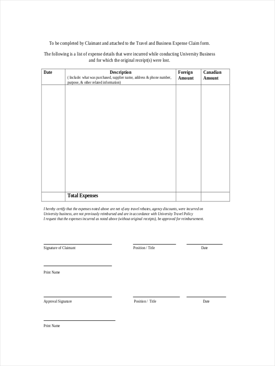 Reimbursement Expense Receipt Template